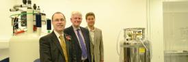 Vice-Chancellor of Lancaster University Professor Mark E. Smith (front left) with Head of Department Professor Peter Fielden (centre) and Professor David Middleton in the new Chemistry Department NMR Laboratory at Lancaster University.
